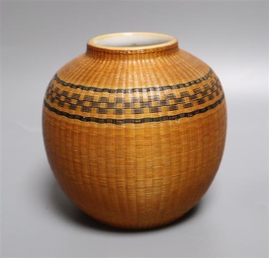A Chinese woven bamboo bound porcelain vase, Chenghua mark, c.1900, height 11cm